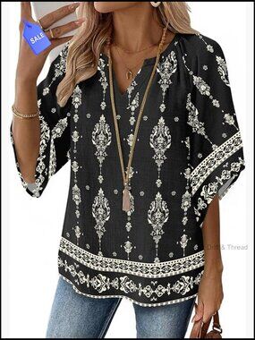 3/4 Sleeve V-Neck Bohemian Blouse Loose Fit Tunic Rayon Nylon Fabric